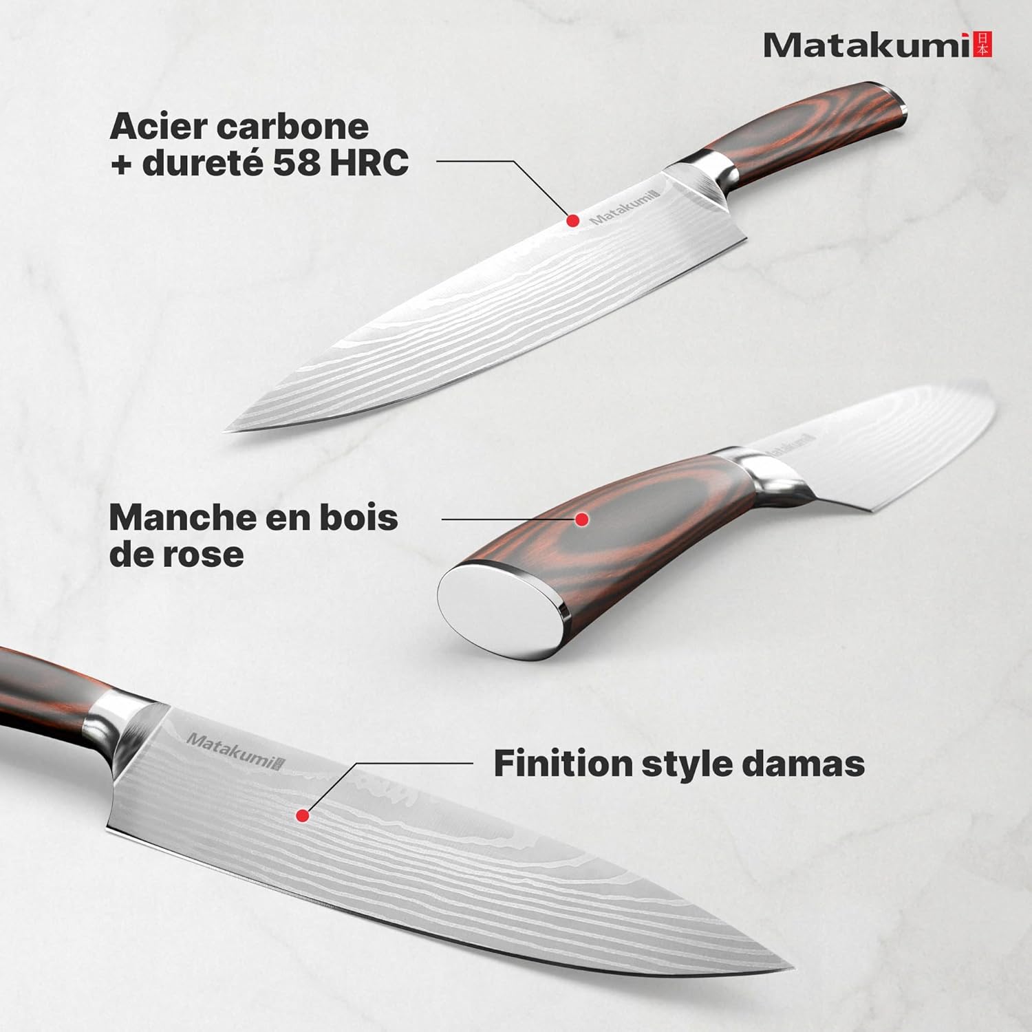 Matakumi - Set cuisine japonais, 4 pièces, acier carbone, poignée ergonomique, motif damassé gravé