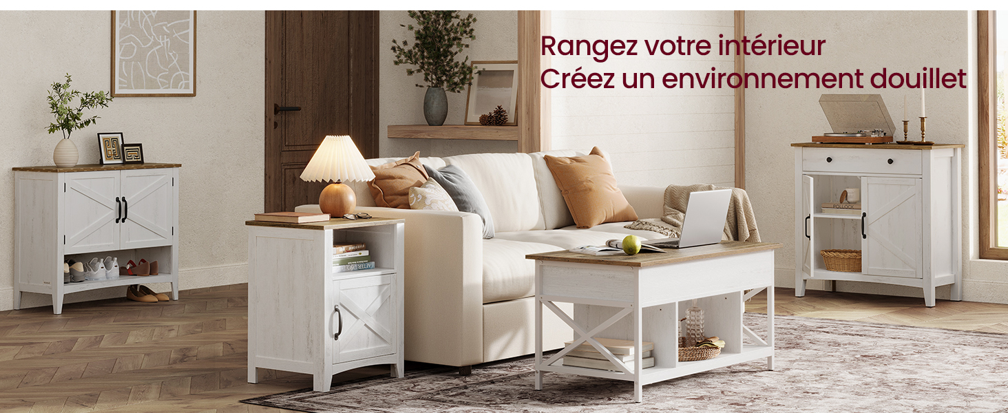 Le texte se lit comme suit : « Plongez votre histoire »/« Créez un environnement douillet ». Série d'images montrant un intérieur de salle de bain blanc avec des meubles et des accessoires.