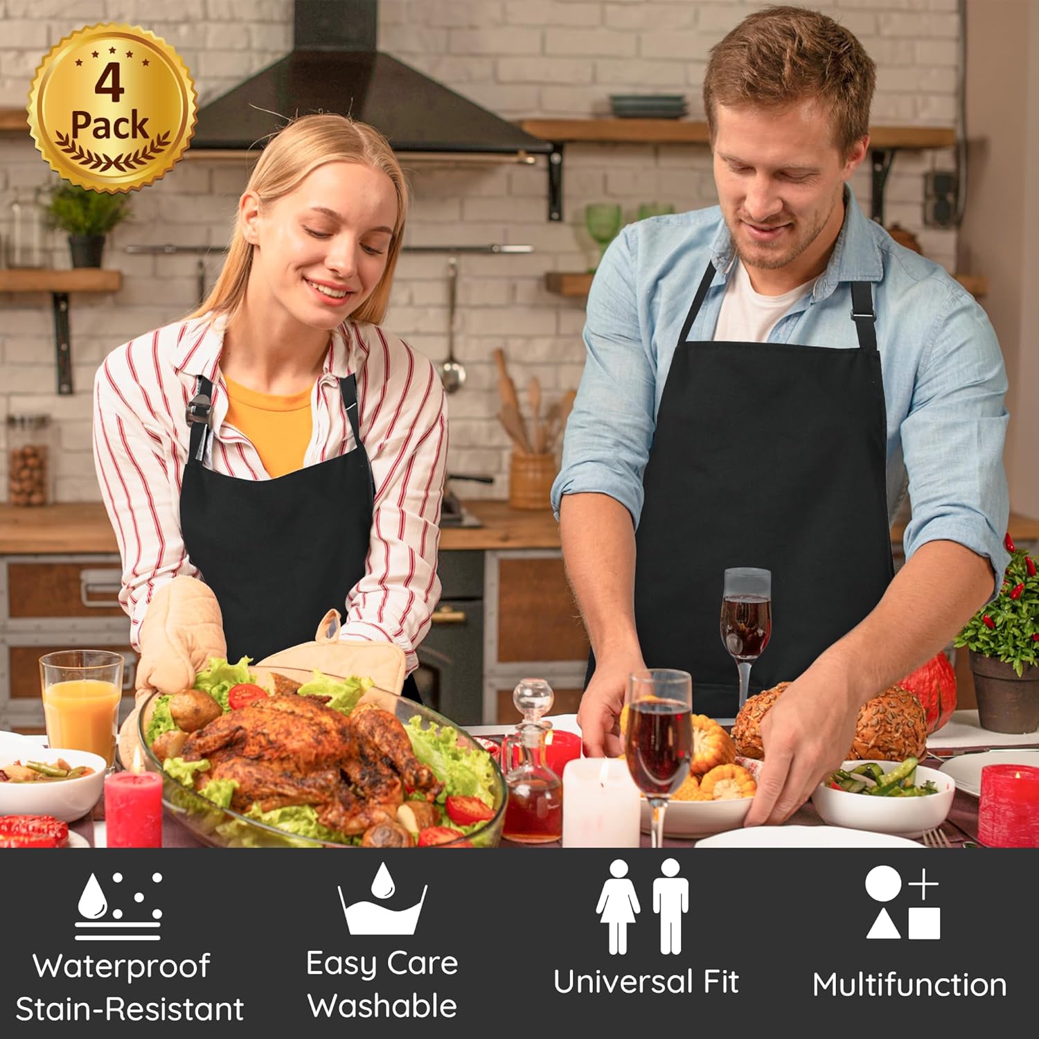 atopo - tablier chef pack 4 - noir, étanche, 2 poches, réglable