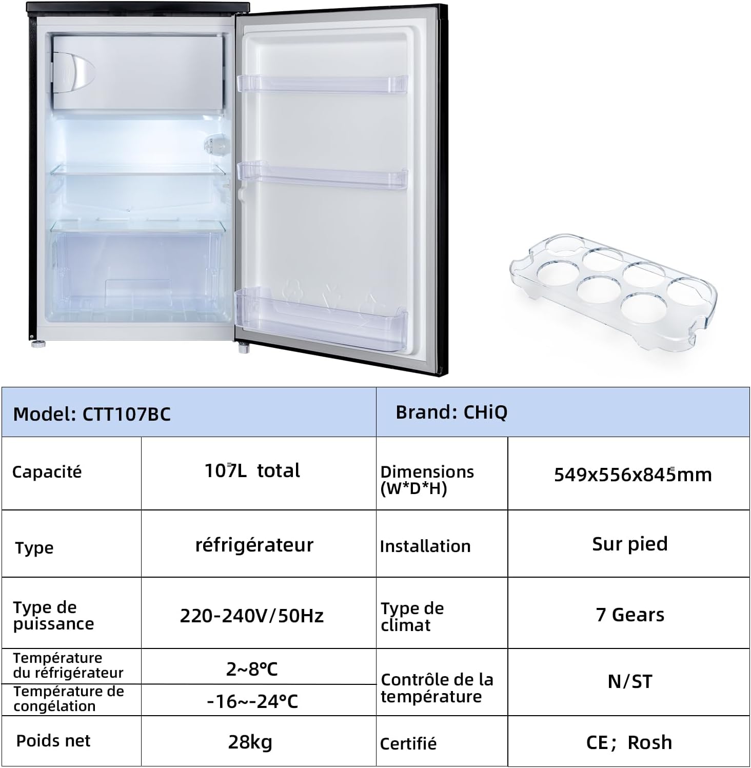 CHIQ - Réfrigérateur congélateur série 107L - silencieux, porte réversible, classe D