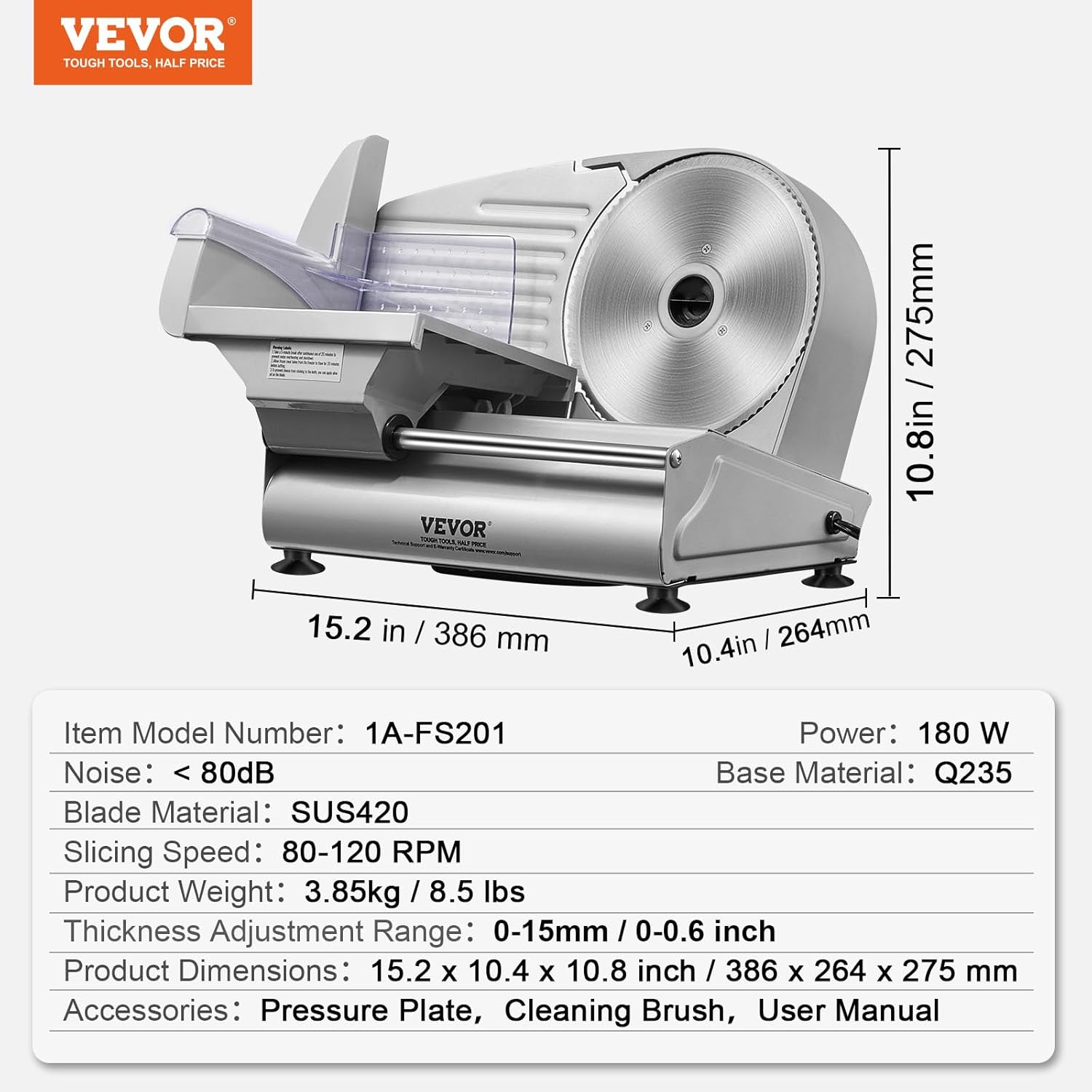 VEVOR - trancheuse électrique 190 mm - 180W, inox, 80-120 tr/min
