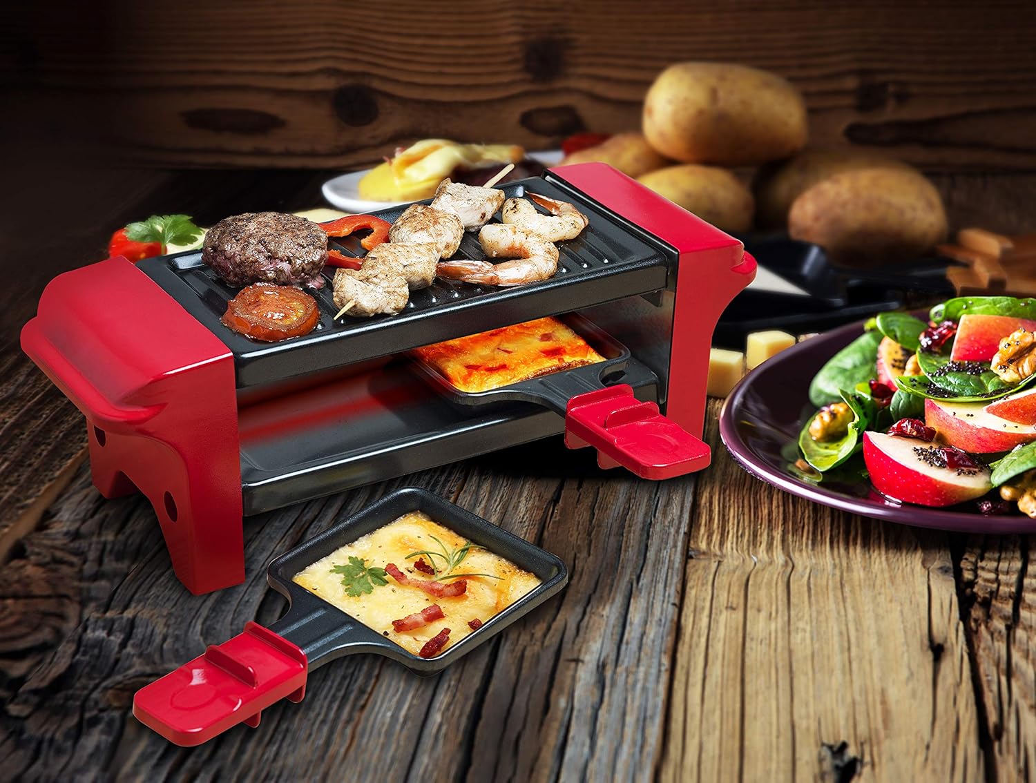 Bestron - Mini Raclette 2 pers, 350W, antiadhésif, Rouge/Noir