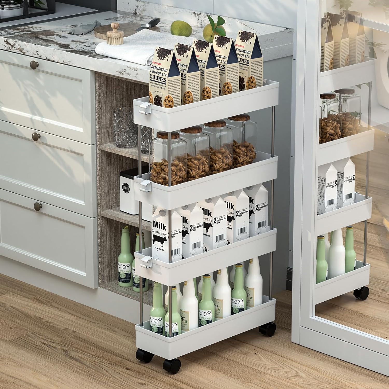 Chariot de Rangement - 4 niveaux, à roulettes, 86x40x12,5cm, compact