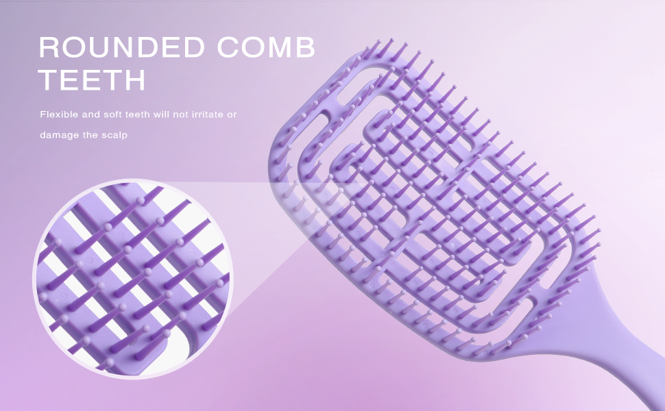 Le texte indique « DENTS EN PEIGNE ARRONDIES ». Fond dégradé violet montrant des vues rapprochées détaillées des motifs et des structures des dents en peigne arrondi.