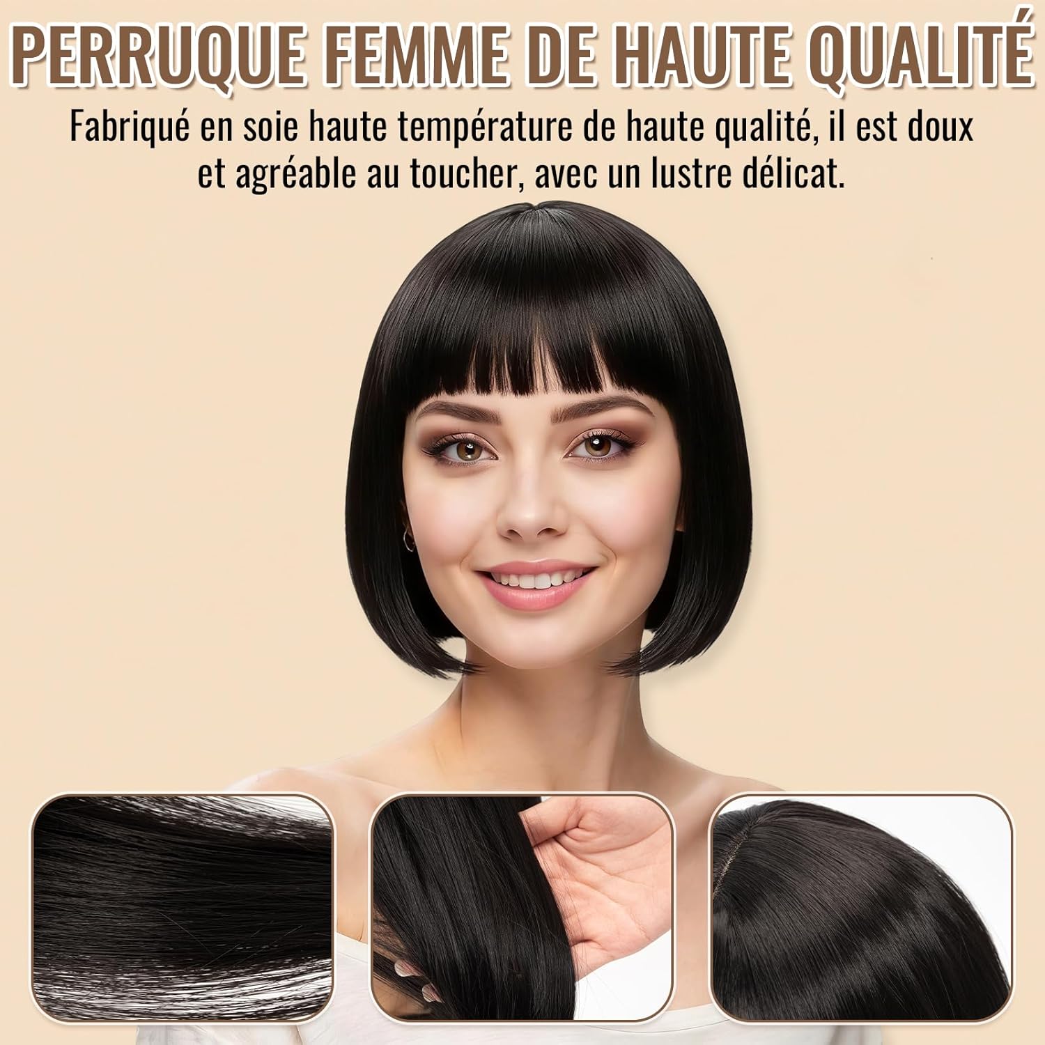 Perruque carré noir femme - 12 pouces - cheveux humains naturels