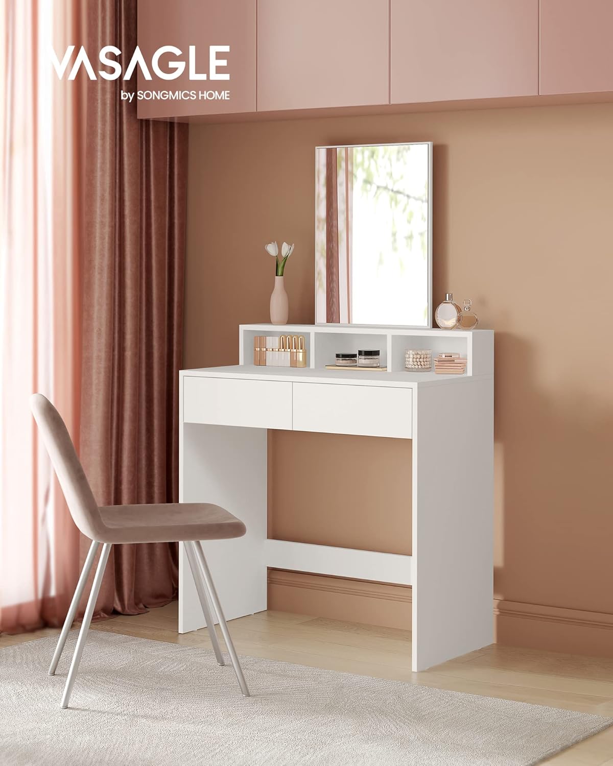 VASAGLE - Kailyn Collection - 40x80x140 cm - coiffeuse moderne, 2 tiroirs, miroir, blanc, RDT113W01