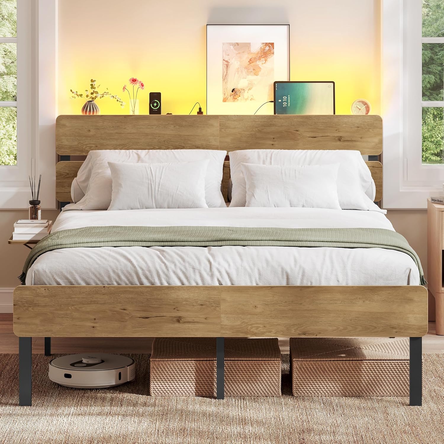 VASAGLE - Cadre de lit industriel - 140x190 cm - LED, USB/Type-C, rangement - RMB103K01