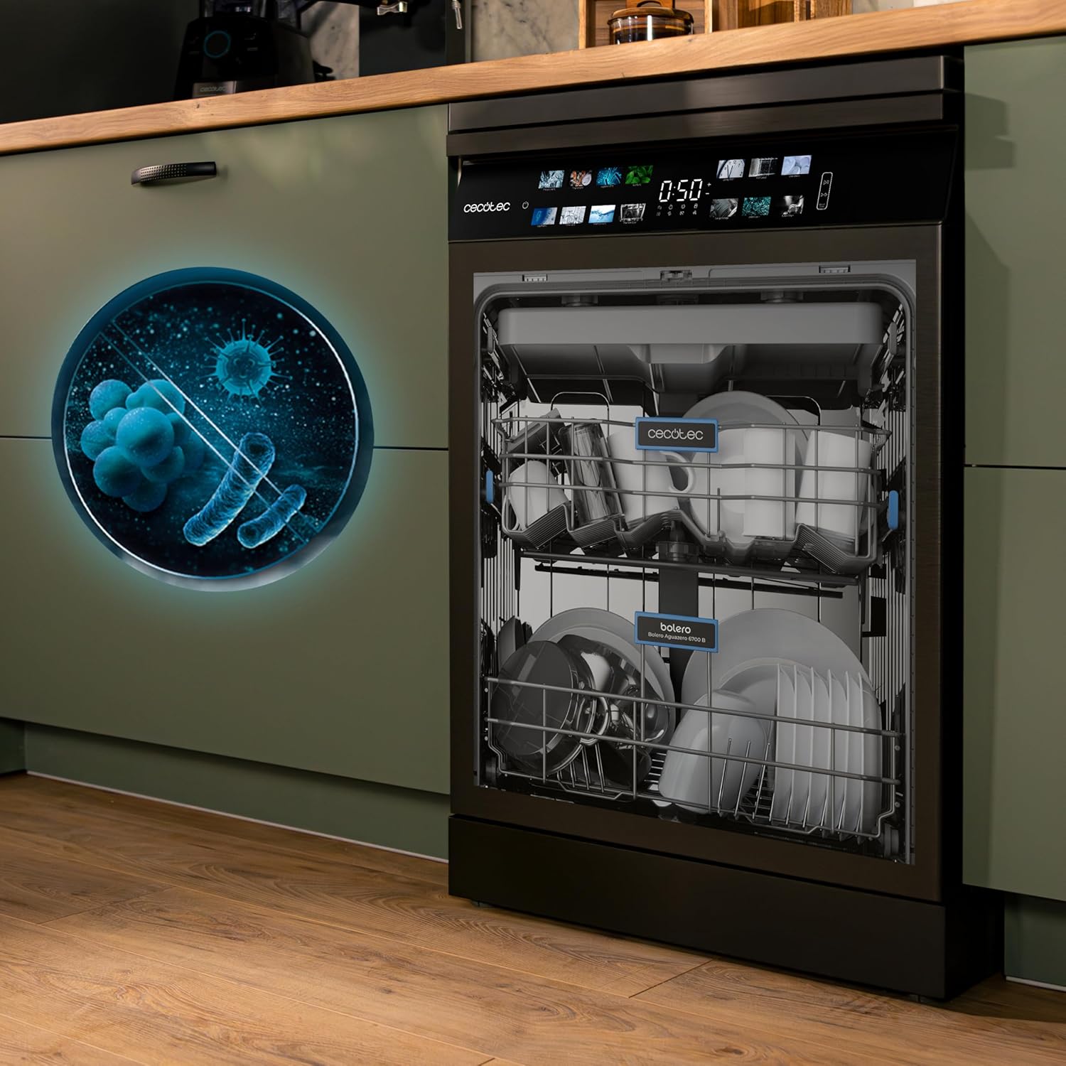 Cecotec - Bolero Aguazero 6700 Dark B - 60cm - 15 couverts, Classe B, moteur Inverter, Double Zone, Turbo Dry+