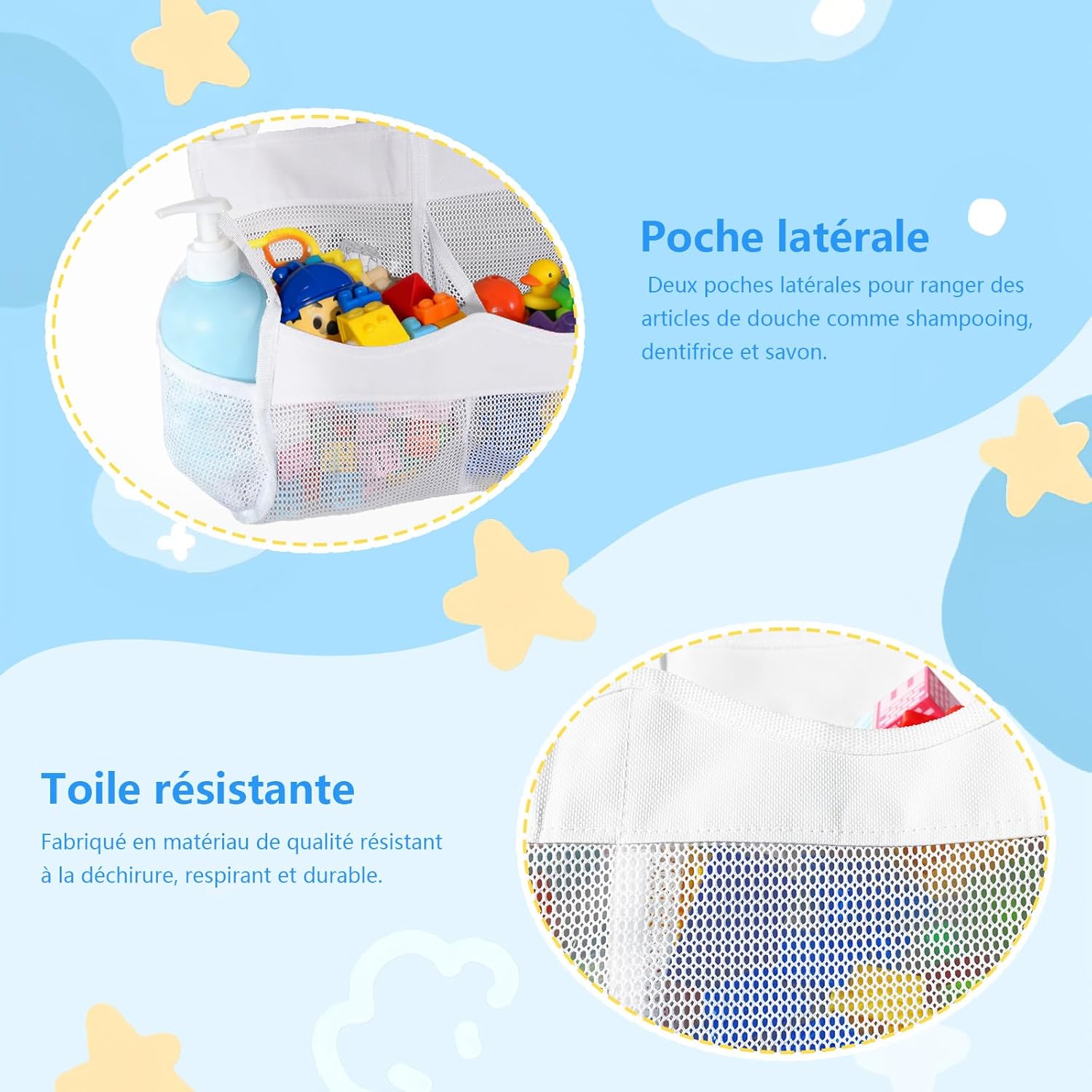 Sac de rangement jouet bain - 4 compartiments - filet blanc suspendu, organiseur jouets, stockage facile salle de bain