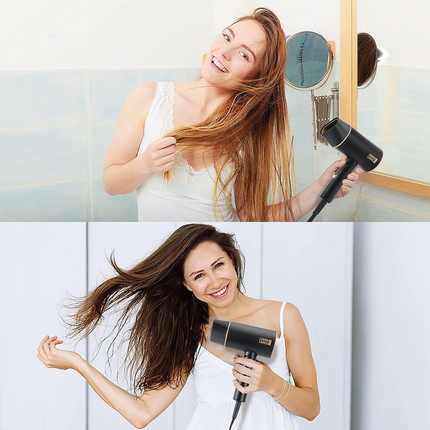 LEBENLANG - Sèche-cheveux compact pliable 2100W, ions & froid, Noir