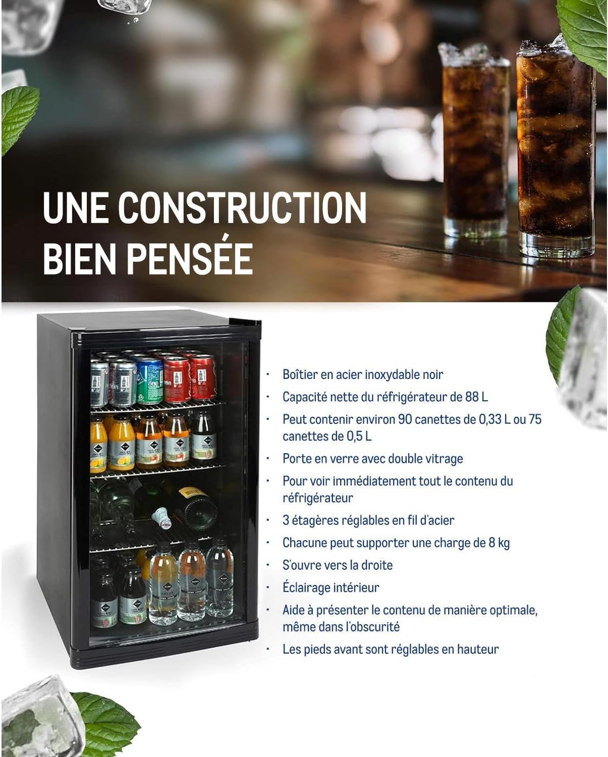 METRO - réfrigérateur boissons - 43x49x83cm - 88L, statique, noir, GPC1088