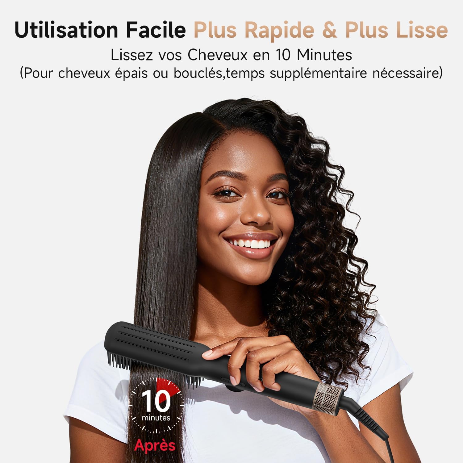 Brosse lissante cheveux - 7 températures, écran LCD, plaques anti-brûlure, double tension, prise UE, noir