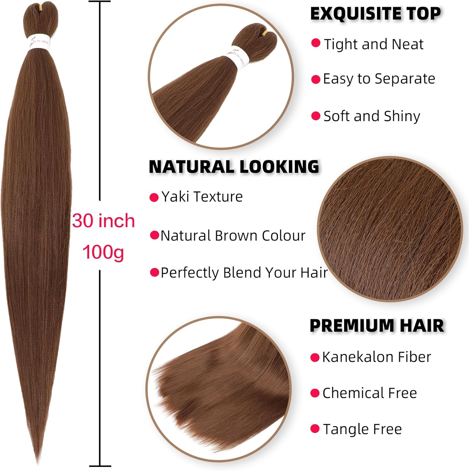 Rajout cheveux tressés - 30 pouces - brun #30, Yaki, 6 paquets, synthétique