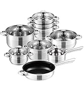 Ensemble d'ustensiles de cuisine en acier inoxydable comprenant des casseroles et des poêles avec couvercles en verre, présentant différentes tailles et styles de récipients de cuisine de qualité professionnelle.