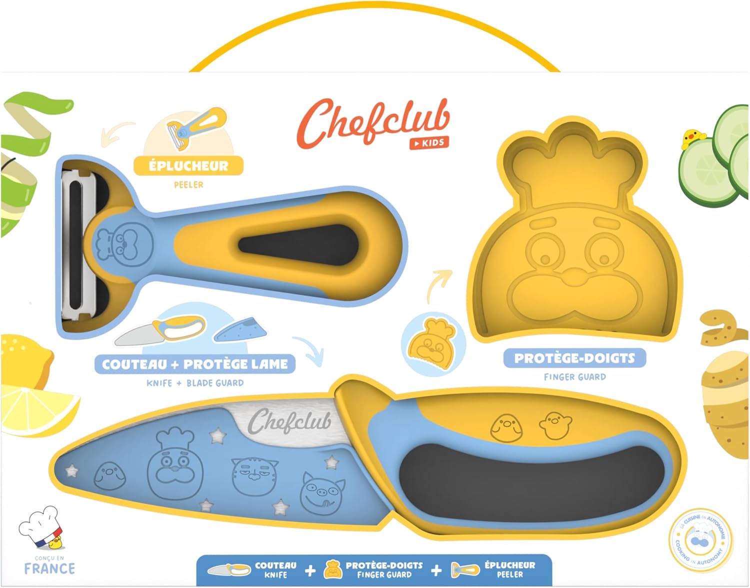 Chefclub Kids - Coffret cuisine enfants inox, lame ronde, éplucheur bi-directionnel, 4 ans+