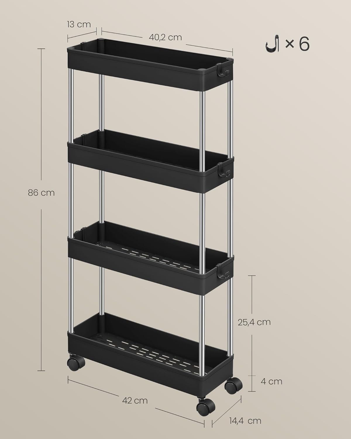 SONGMICS - chariot 4 niveaux, acier, 14,4x42x86cm, 6 crochets, KSC008B01
