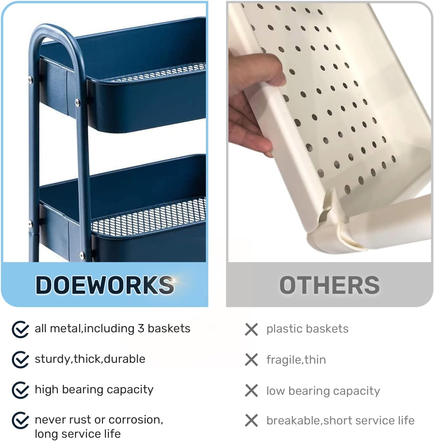 DOEWORKS - chariot 3 niveaux métal, roulettes, bleu, gain de place