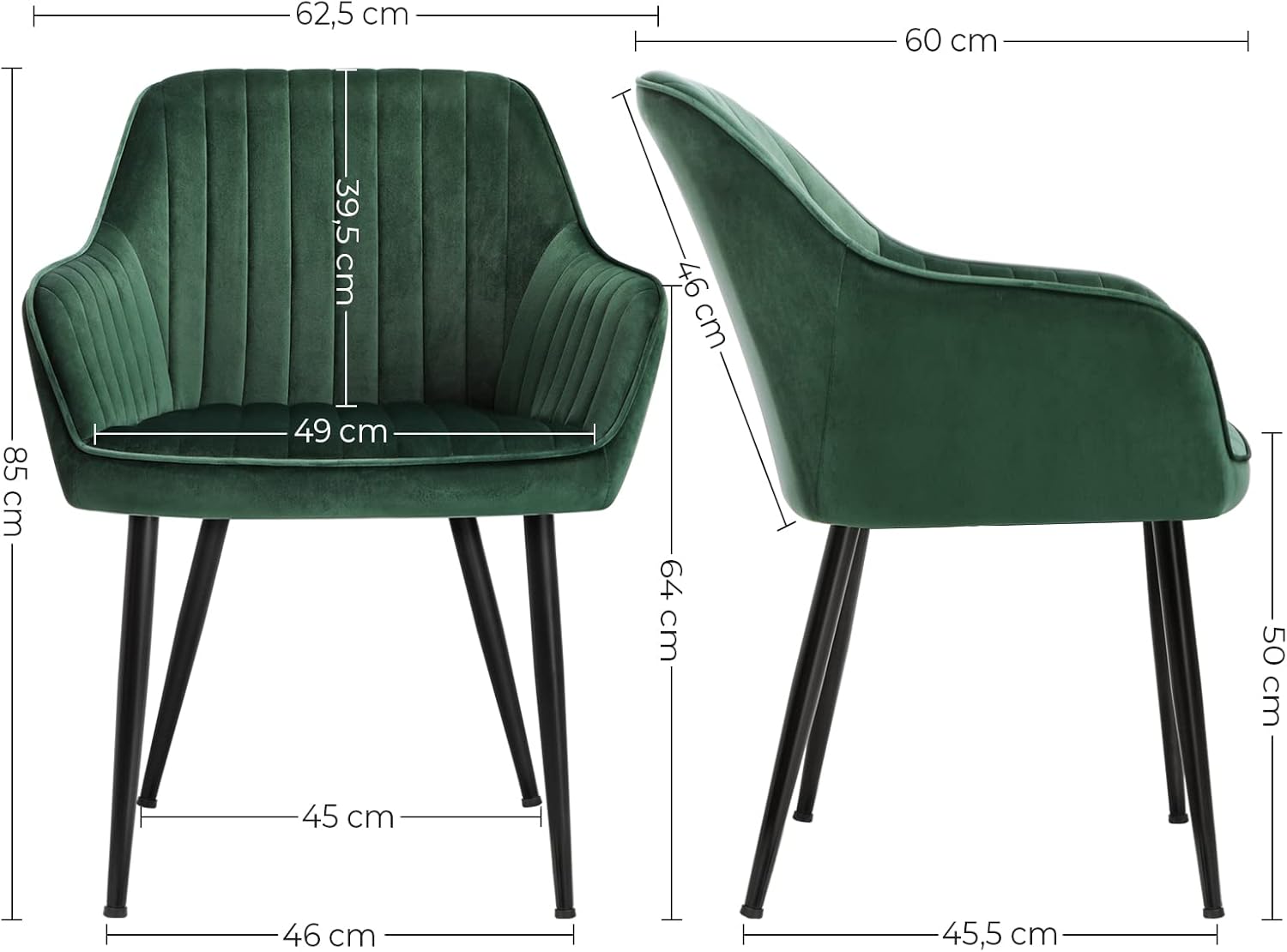 SONGMICS - Chaise salle à manger velours, lot de 4, accoudoirs, assise rembourrée, pieds métal, vert/noir, 120 kg - LDC0