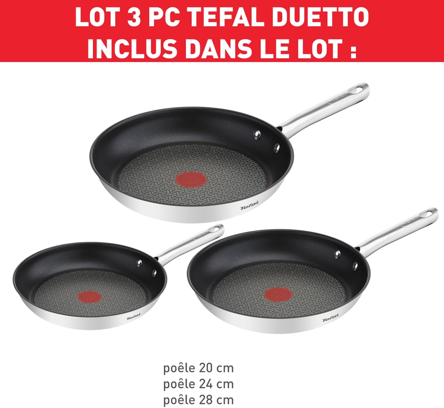 Tefal - Duetto série - 20/24/28 cm - inox, induction, Thermo-Spot, A704S363