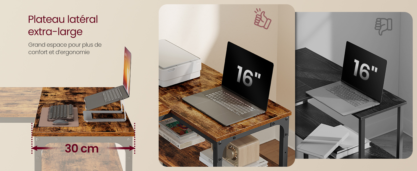 Séquence de démonstration du produit montrant les étapes d'installation ou d'assemblage de ce qui semble être un meuble, avec des indicateurs de mesure indiquant une dimension de 30 cm.