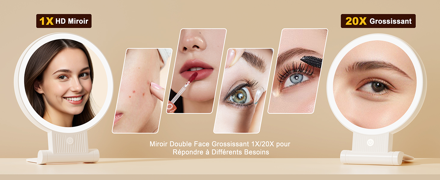 Présentoir de produit doté de deux miroirs grossissants éclairés, avec des panneaux montrant des détails rapprochés de la peau et des traits du visage. Le texte indique les options de grossissement 1,5x et 20x