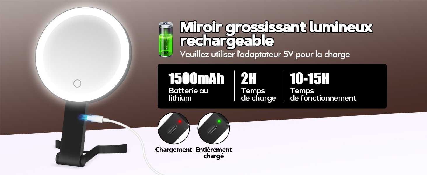 Le texte indique « Miroir grossissant lumineux rechargeable ». Le produit présente un miroir de maquillage illuminé avec deux options de montage et spécifications : 5000 mAh, temps de charge de 2 h, temps d'utilisation de 10 à 15 h.