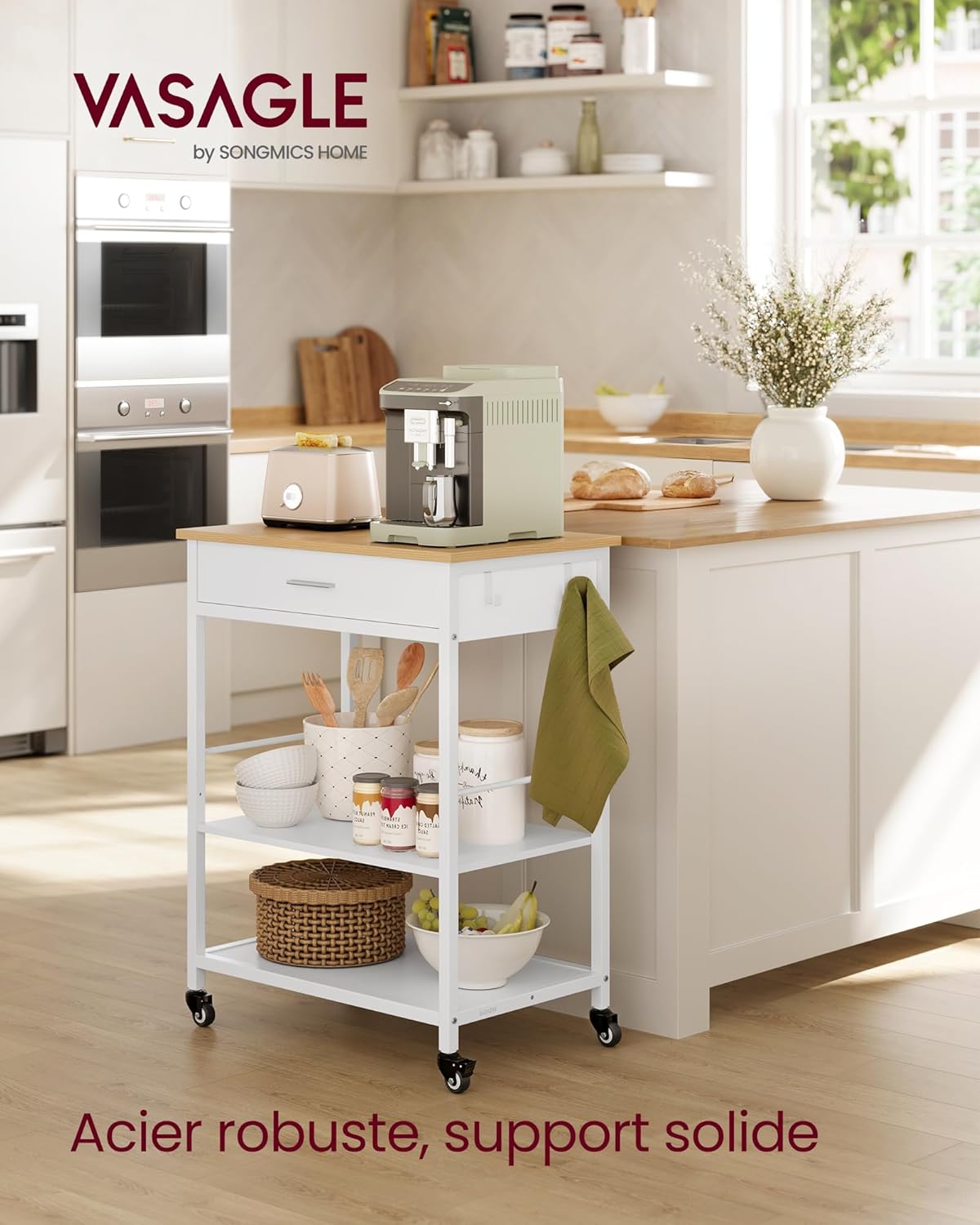 VASAGLE - desserte cuisine mobile - 45x60x90 cm - tiroir, crochets, KKI007Y01