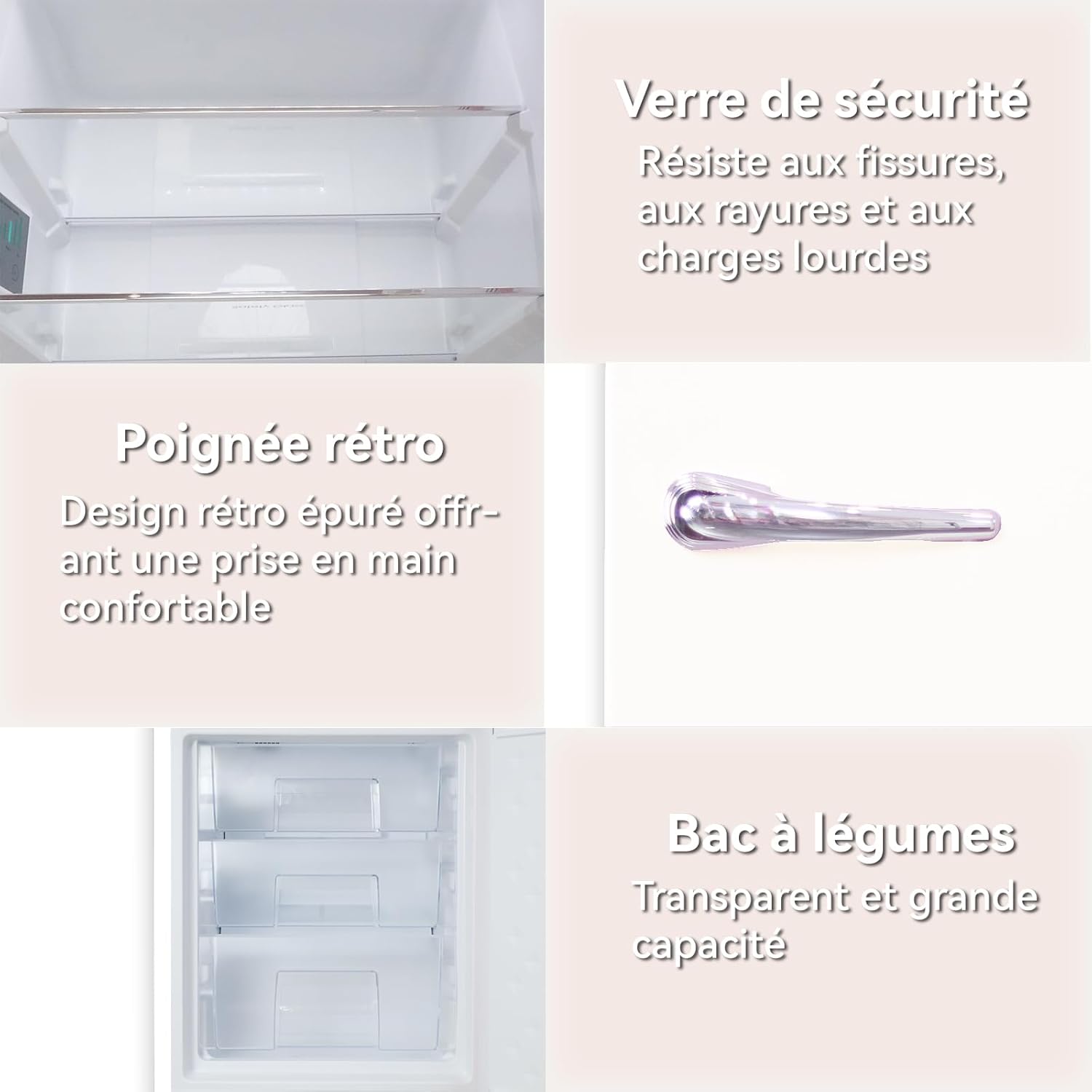 magictec - réfrigérateur vintage 179cm, 236L, No Frost, alarme, crème