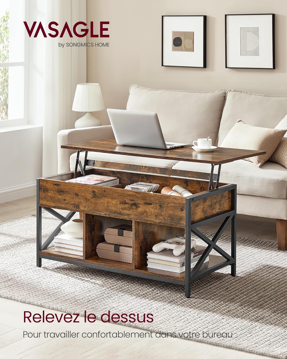 VASAGLE - Table basse série LCT202B01 - 50x100x(46,5-62)cm - plateau relevable, rangement caché, acier