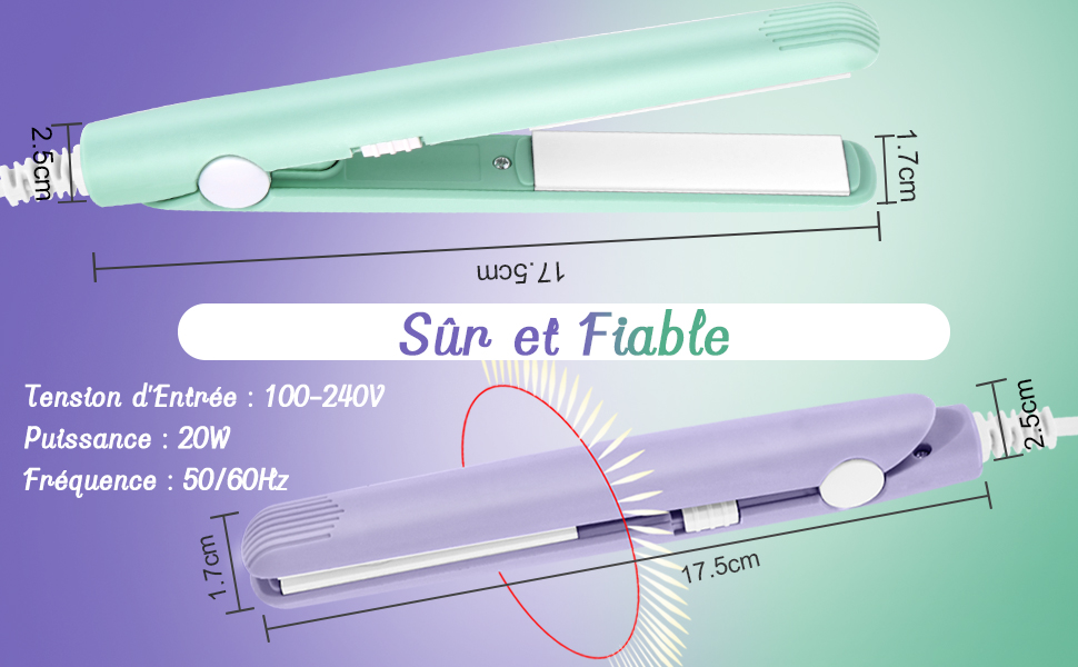 Le texte se lit comme suit : « Sûr et Fiable », « Tension d'entrée : 100-240 V », « Puissance : 20 W », « Fréquence : 50/60 Hz ». Schéma technique avec mesures et spécifications sur fond dégradé violet-vert.