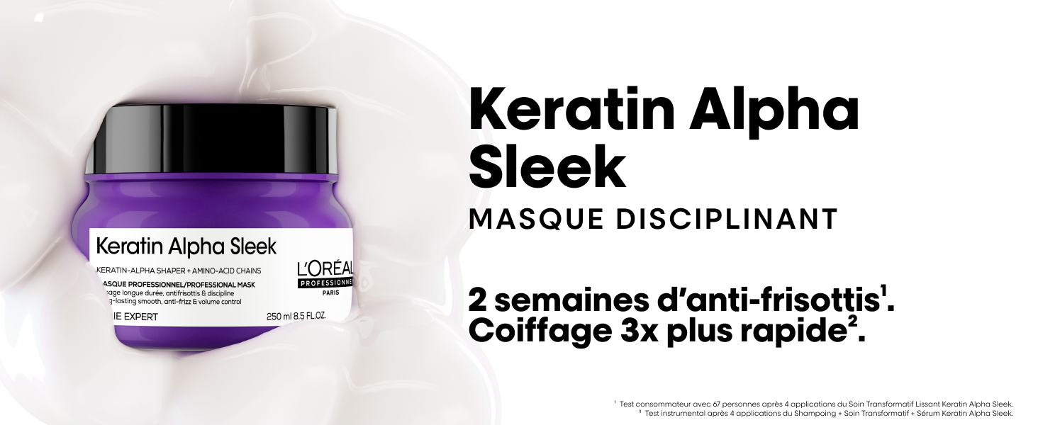 Le texte indique « Keratin Alpha Sleek » et « 2 semaines d'anti-frisottis, Coiffage à la protéine ». Le contenant du produit est affiché sur fond blanc.