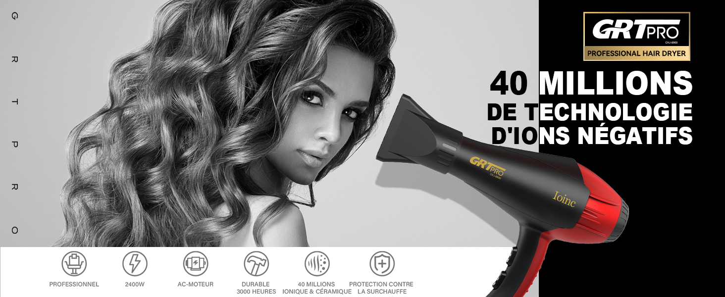 Le texte indique « 40 MILLIONS DE TECHNOLOGIE » et « GX PRO ». Sèche-cheveux professionnel affiché sur fond noir avec les icônes des spécifications du produit ci-dessous.