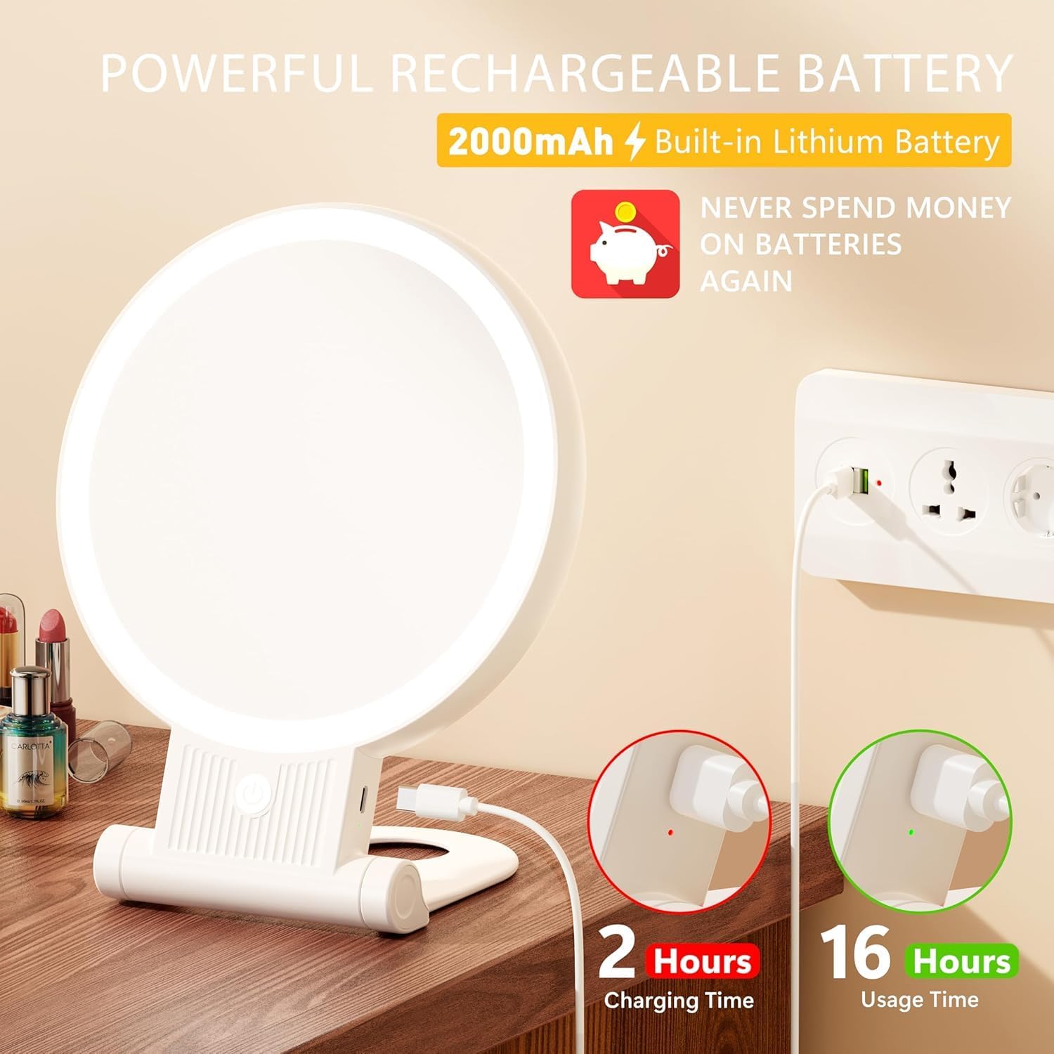 Auxmir - miroir double face, 20X/1X, LED, rechargeable, pliable, portable