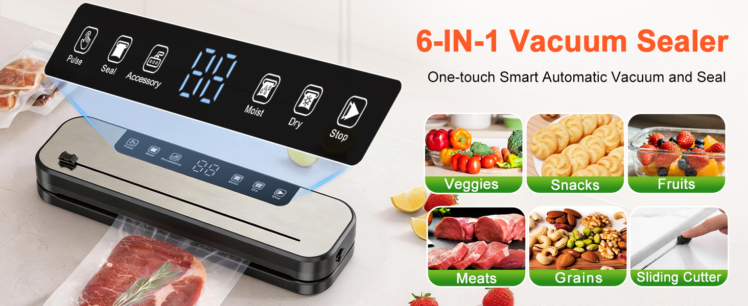 Le texte indique « Scelleuse sous vide 6 en 1 ». Démonstration de produit montrant une scelleuse sous vide avec panneau de commande et des exemples de conservation des aliments, notamment des viandes et des légumes scellés.