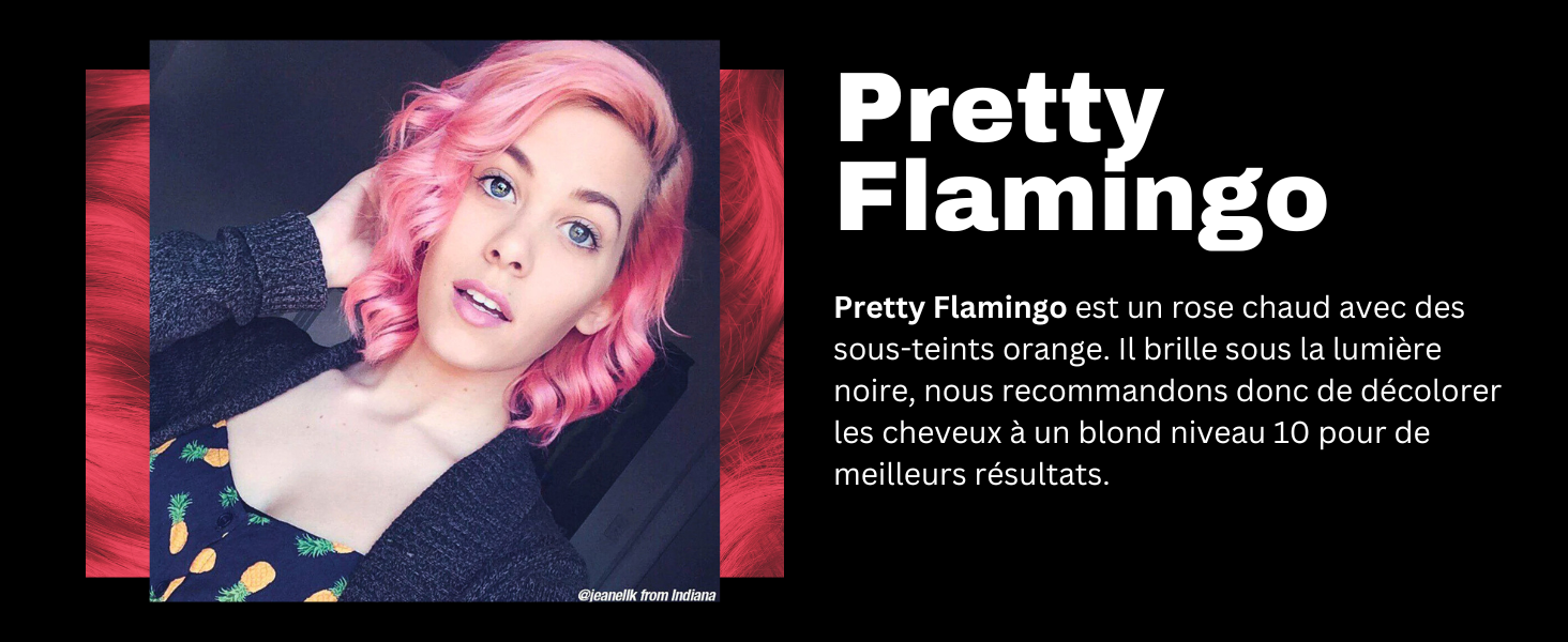 Femme aux cheveux roses avec un motif à pois bleu et jaune visible. Le texte « Pretty Flamingo » et du texte français supplémentaire apparaissent sur