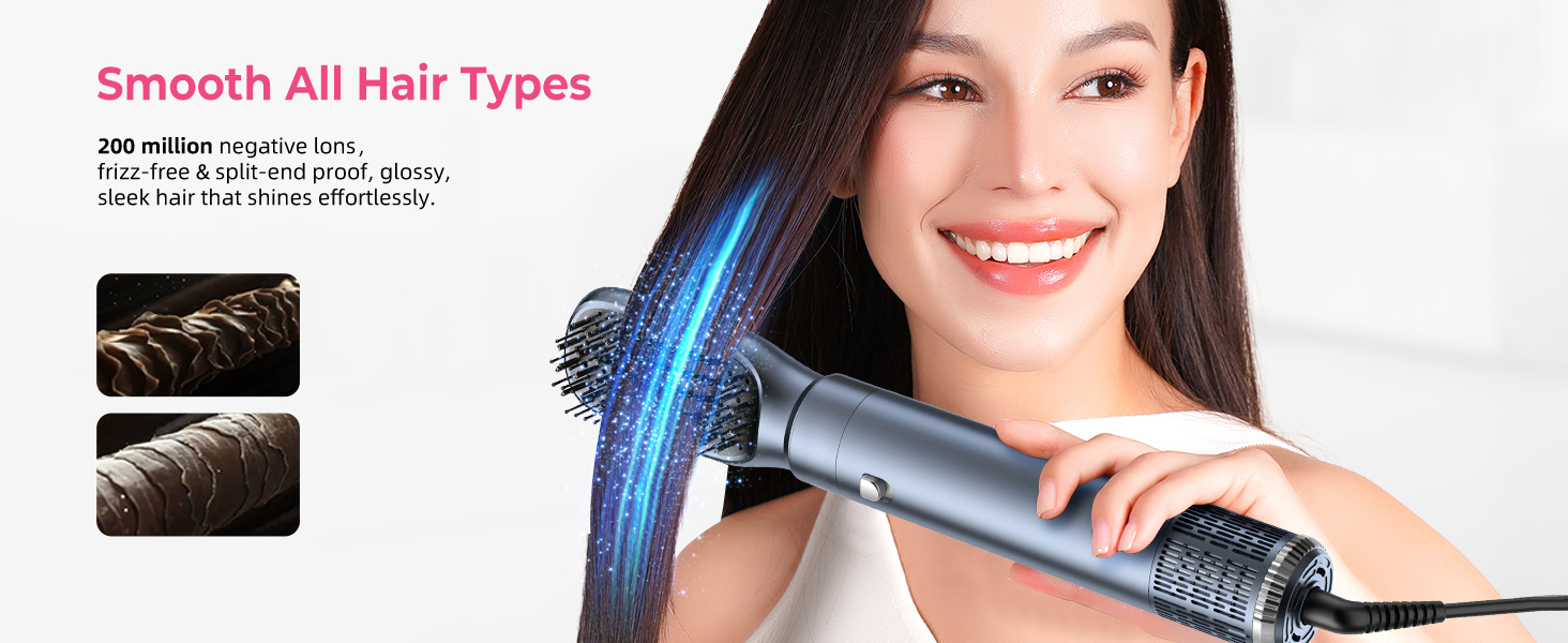 Le texte indique « Lisse tous les types de cheveux ». Image promotionnelle représentant un outil de coiffure ou une brosse avec des détails bleus.