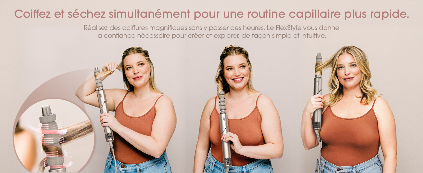 Le texte se lit comme suit : « Coiffez et séchez simultanément pour une routine capillaire plus rapide ». Tutoriel de démonstration montrant le processus de coiffure en trois étapes sur fond de pêche.