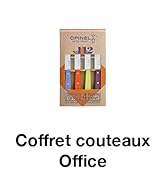dans une boîte de présentation en bois. Contient 4 couteaux aux manches colorés : bleu, rouge, jaune et vert. Labellisé « Coffret couteaux Office