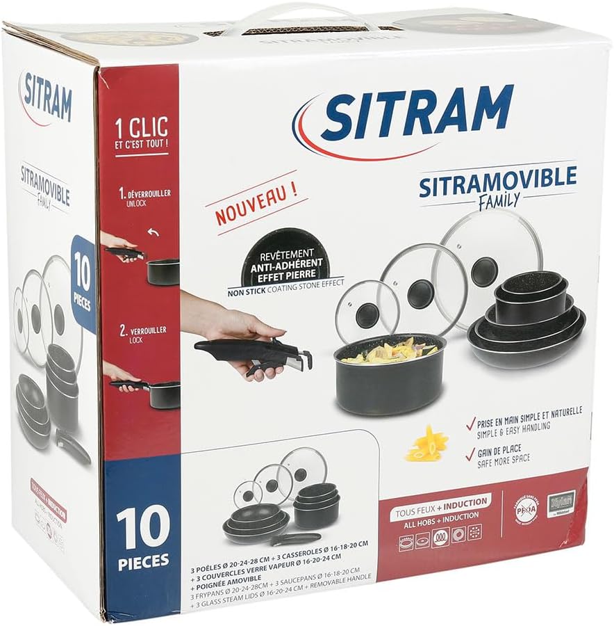 Sitram - Batterie de cuisine 10 pièces, aluminium, induction, manche amovible - 713499