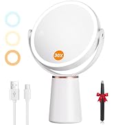 Miroir de maquillage circulaire blanc avec indicateur de grossissement « 30X », câble USB et petit accessoire rouge inclus.