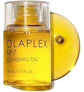 Le texte indique « HUILE DE LIAISON OLAPLEX N° 7 ». Produit d'huile capillaire de couleur dorée dans un flacon en verre transparent avec bouchon compte-gouttes, illustré sur fond jaune circulaire.
