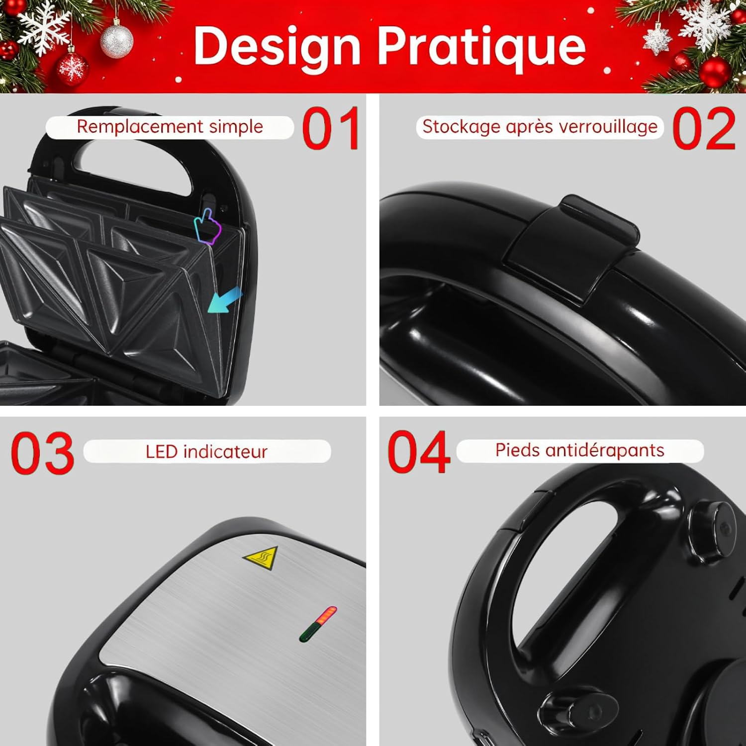 Appareil à Croque Monsieur 3 en 1 - 750W, plaques antiadhésives, noir, gaufres/Sandwich/Grill