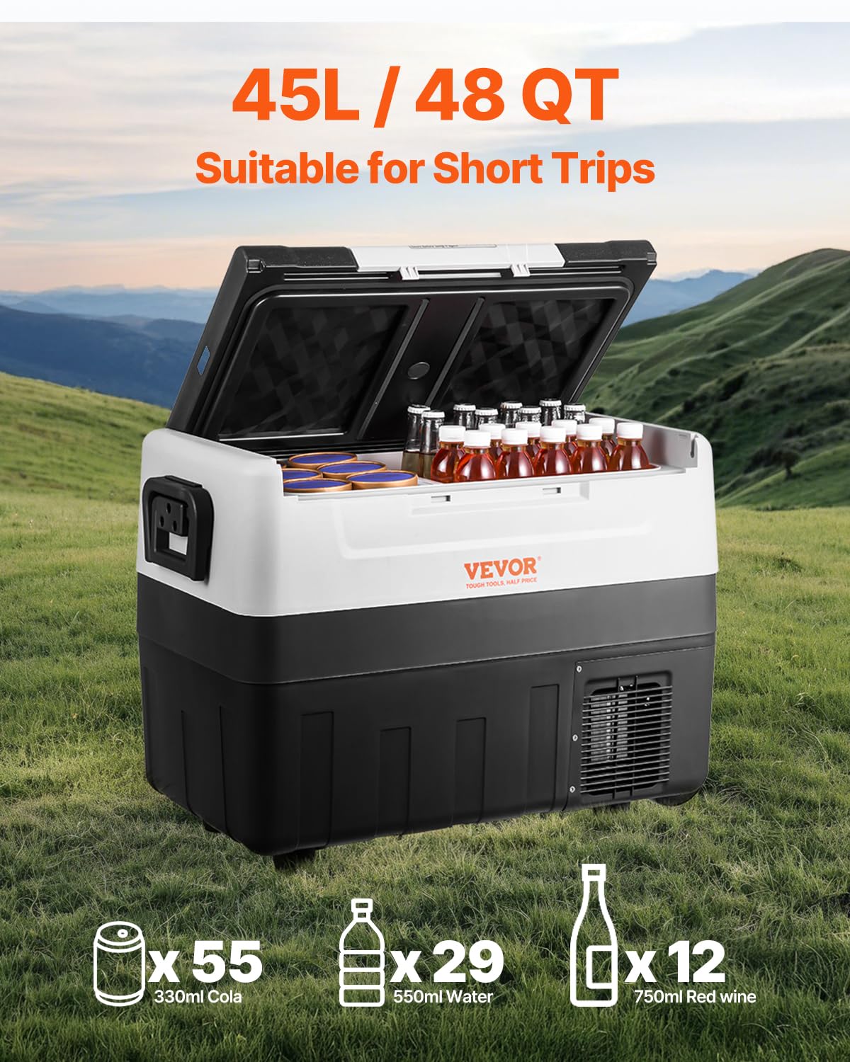 VEVOR - Glacière portable 45L - double zone, -20°C à 10°C, 0,6 kWh, 12/24V, 100-240V