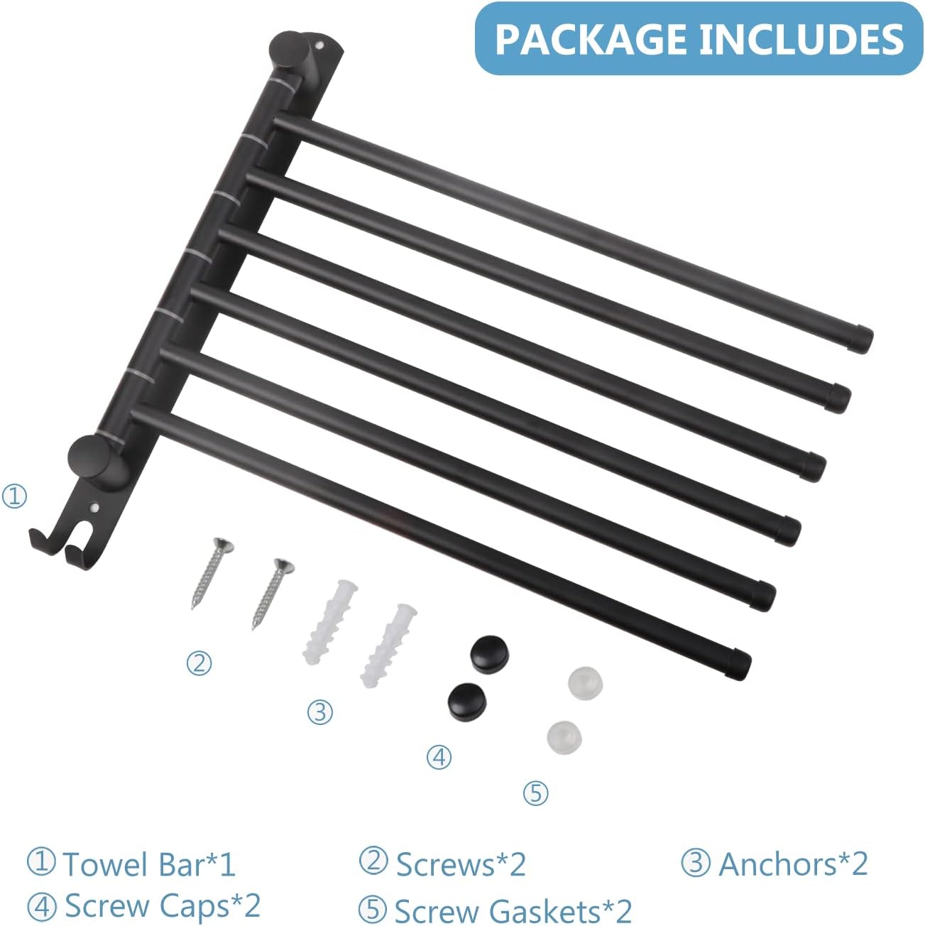 JSVER - porte-serviette 6 barres rotatives inox 180° - mural - Sèche-serviettes noir - SUS304