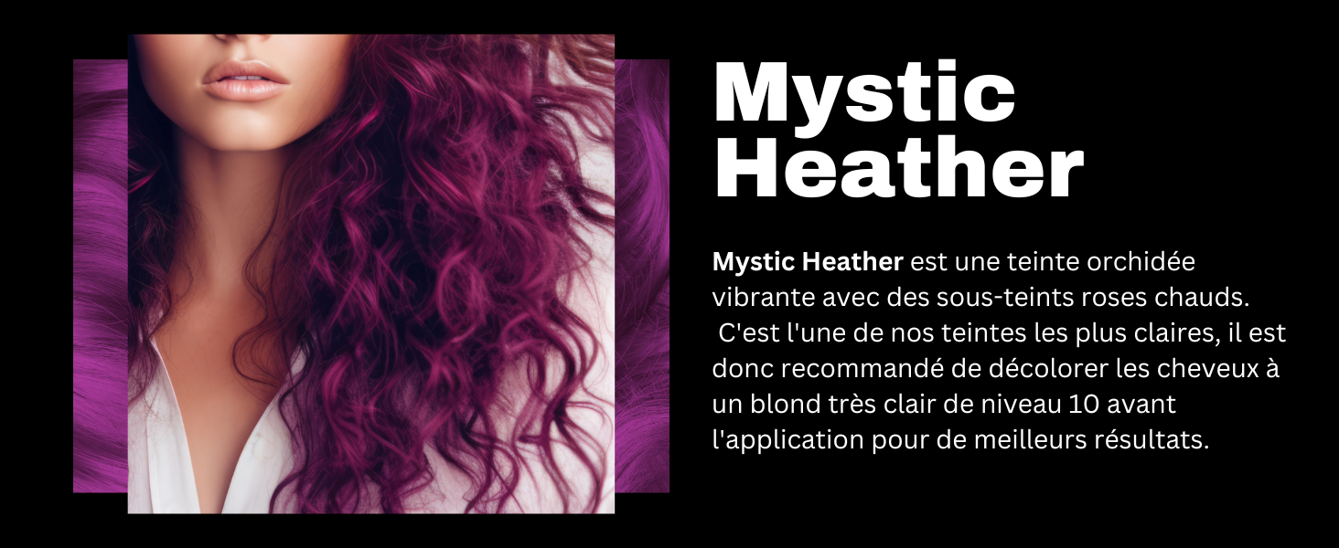 Gros plan de cheveux violets éclatants avec des boucles lâches. Le texte indique la couleur des cheveux « Mystic Heather » et recommande l'application sur des cheveux blonds de niveau 10