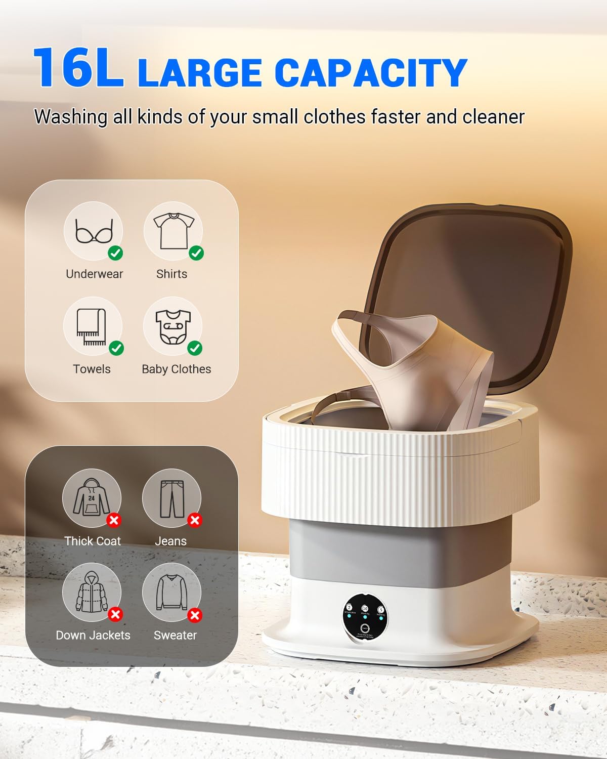 SUPAREE - mini machine à laver pliable 16L - portable, essorage 1.8kg