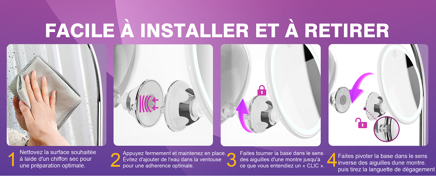 Guide d'instructions à quatre panneaux pour installer et retirer un accessoire de salle de bain. Montre la surface à nettoyer, la ventouse de fixation, le mécanisme de verrouillage et le processus de retrait.