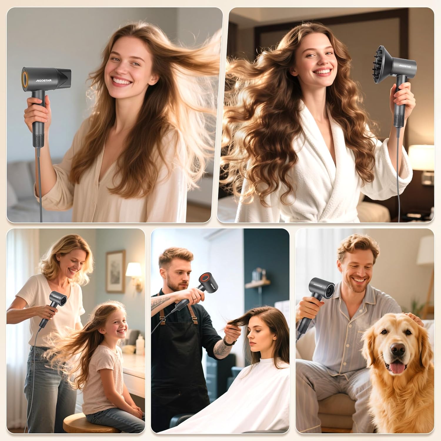 Aigostar - Sèche-cheveux BLDC léger, 450g, 200M ions, silencieux, 55dB, 110.000 tr/min