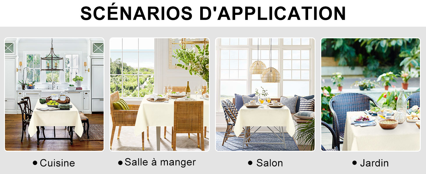 Quatre scènes intérieures et extérieures présentant différents scénarios d'application : cuisine, salle à manger, salon et espaces de jardin avec mobilier et décoration blancs.