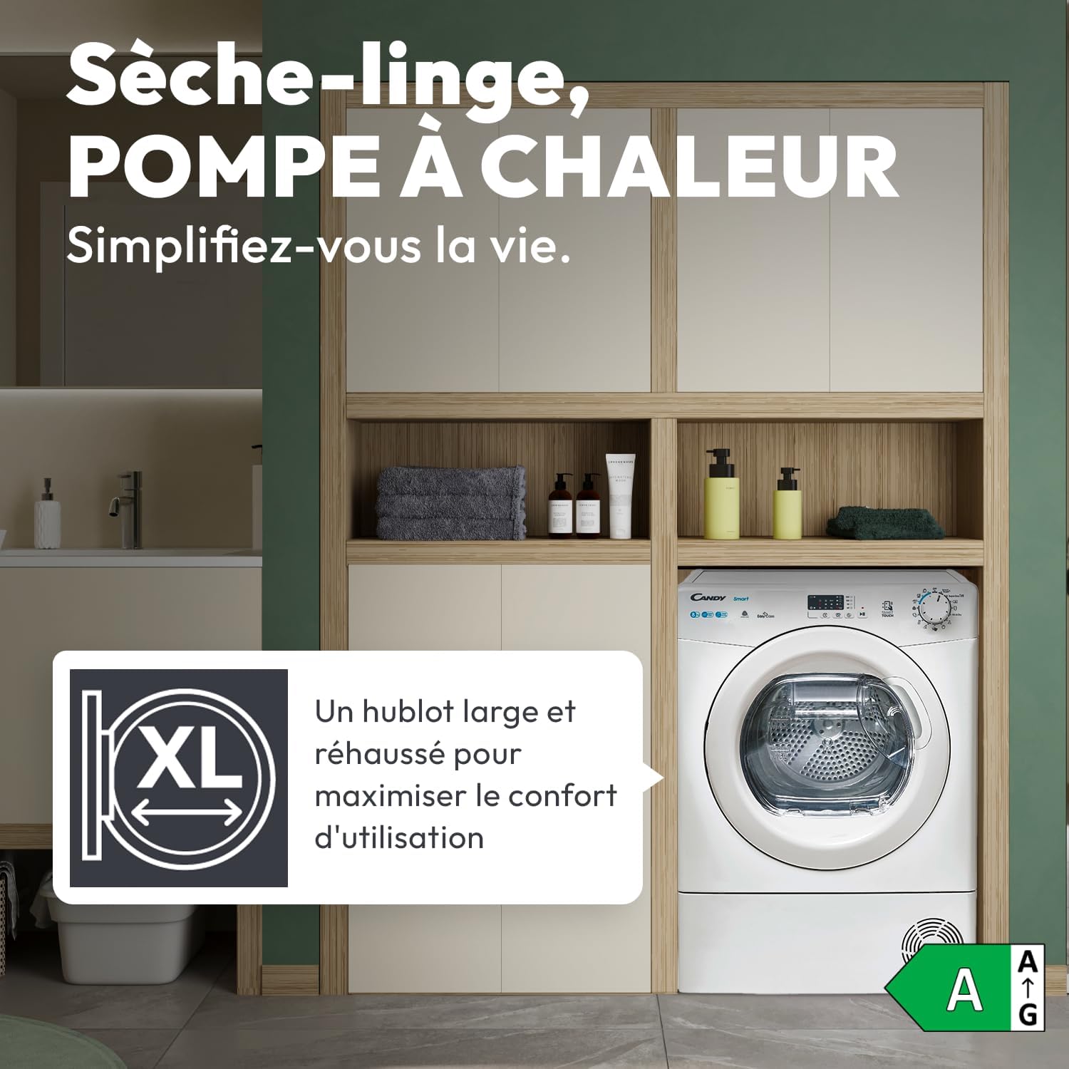 Candy - sèche-linge pompe à chaleur 8kg, NFC, départ différé, 85x59,6x58,5cm - CSE H8A1LE-S